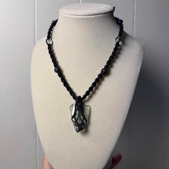 Handmade Macrame Sea Glass Necklace Black Cord Lapis Lazuli Quartz Boho Pendant - Picture 2 of 8